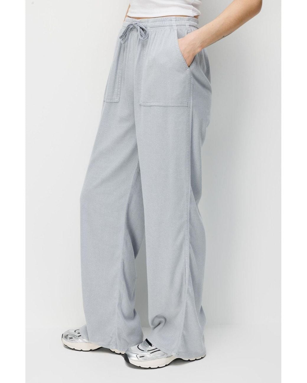 MixRay Gray Mid Waist Straight Leg Cotton Pants With Tie Closure