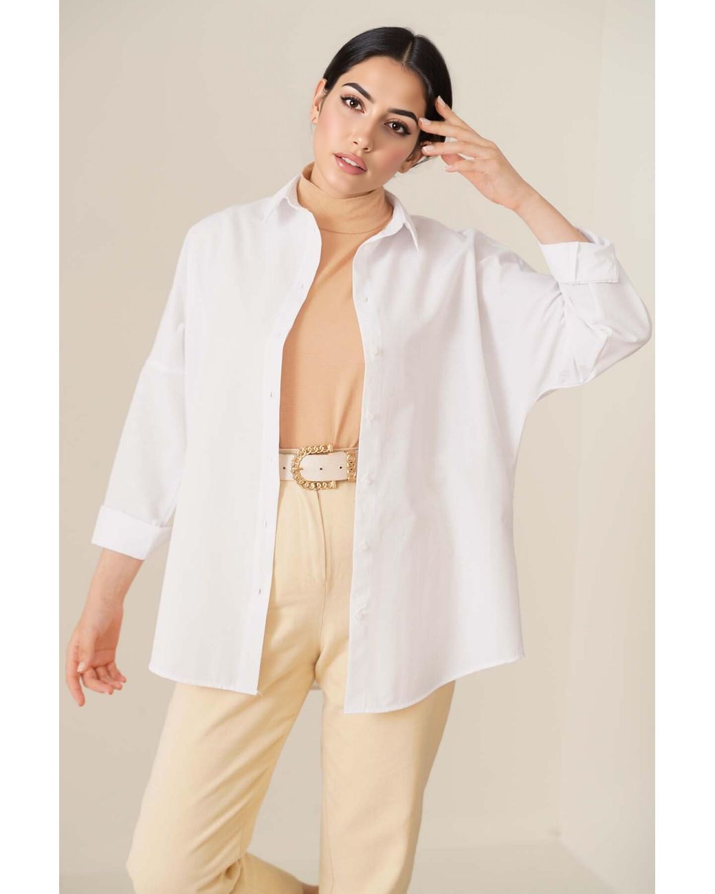 Bigdart Natural Relaxed Fit Poplin Shirt With Button Closure
