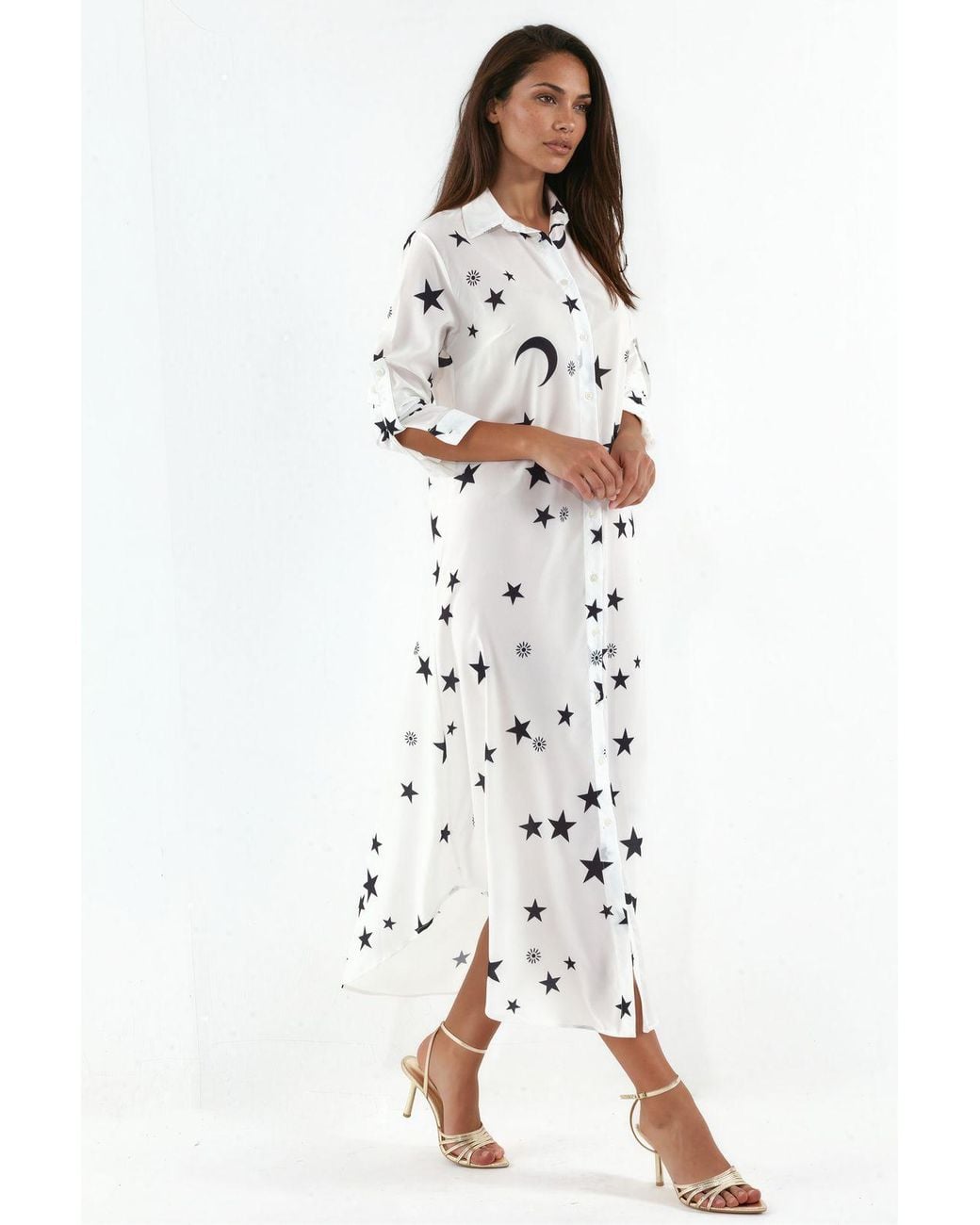 Msn-Collection White Text Print Maxi Shirt Dress