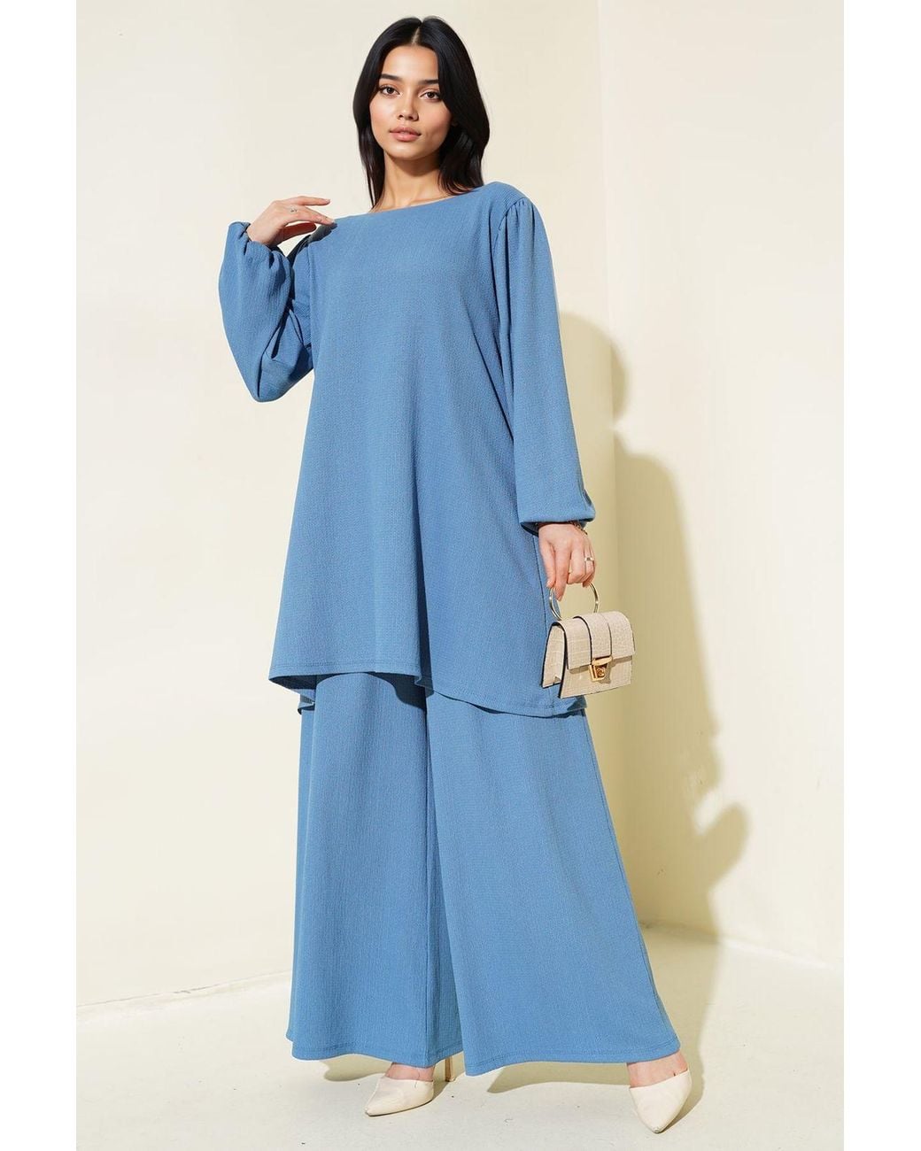 Bigdart Blue Textured Long Sleeve Tunic And Wide Leg Pants Set