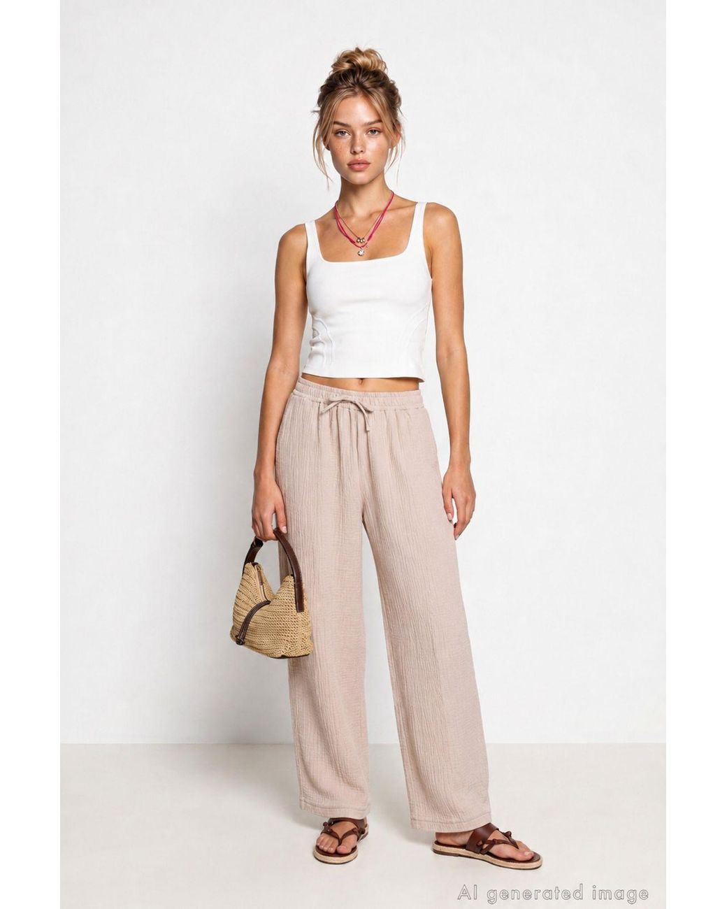 Happiness İstanbul Natural Wide Leg Drawstring Waist Pants With Binding Detail