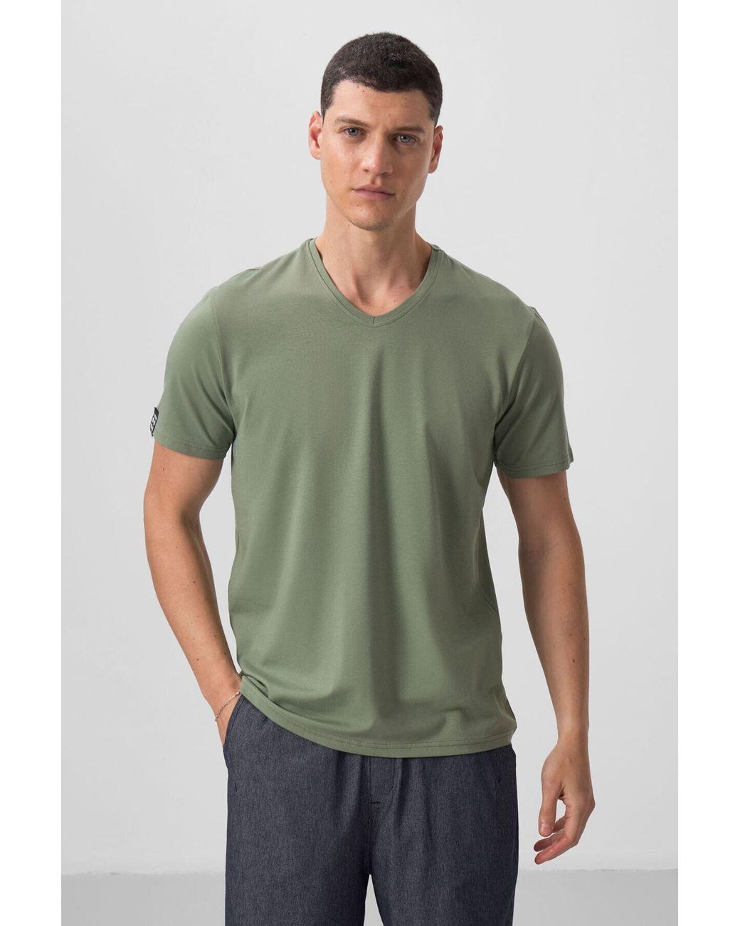 TOMMY LIFE Blue Cotton Elastane V-Neck T-Shirt for men