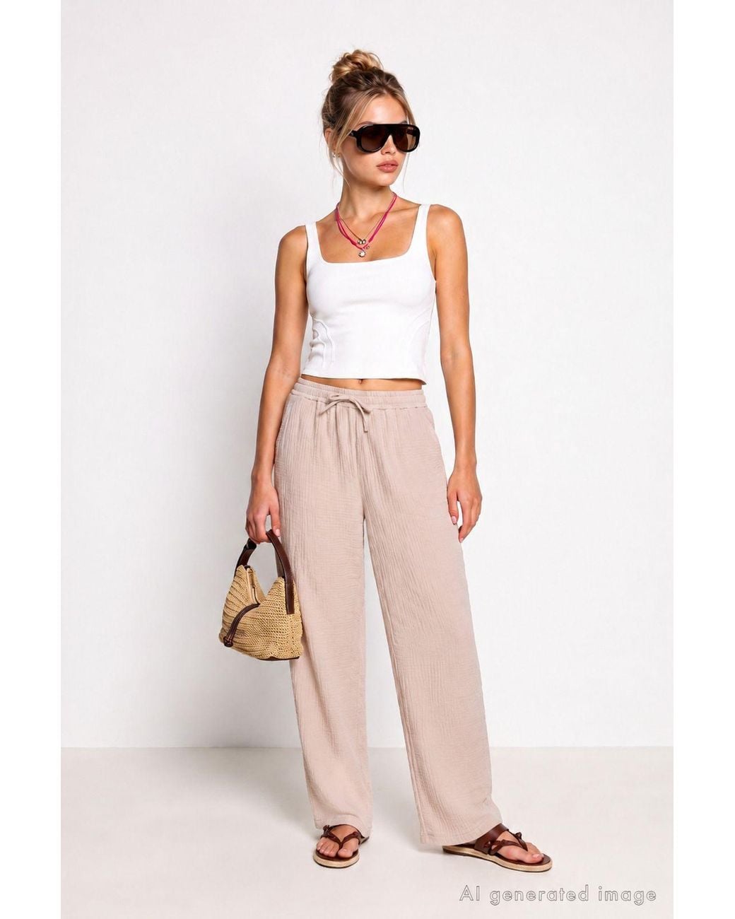 Happiness İstanbul Natural Wide Leg Drawstring Waist Pants With Binding Detail