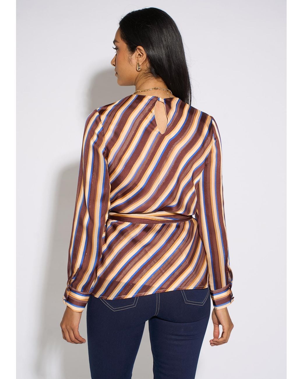 Gini London Red Diagonal Stripe Sparkle Belted Blouse
