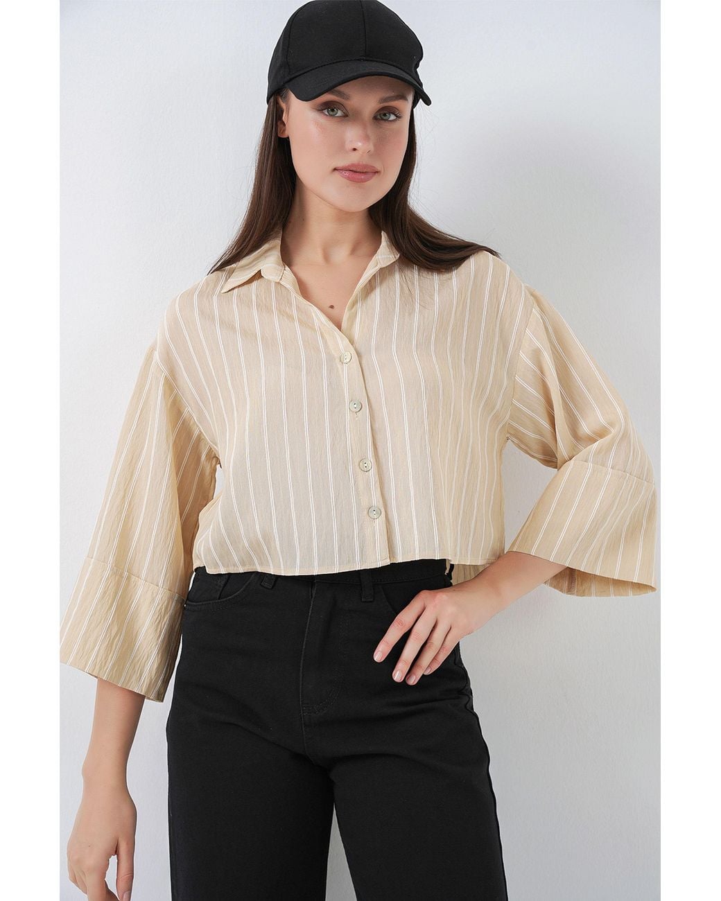 Bigdart Natural Oversized Striped Cropped Shirt With Button Closure