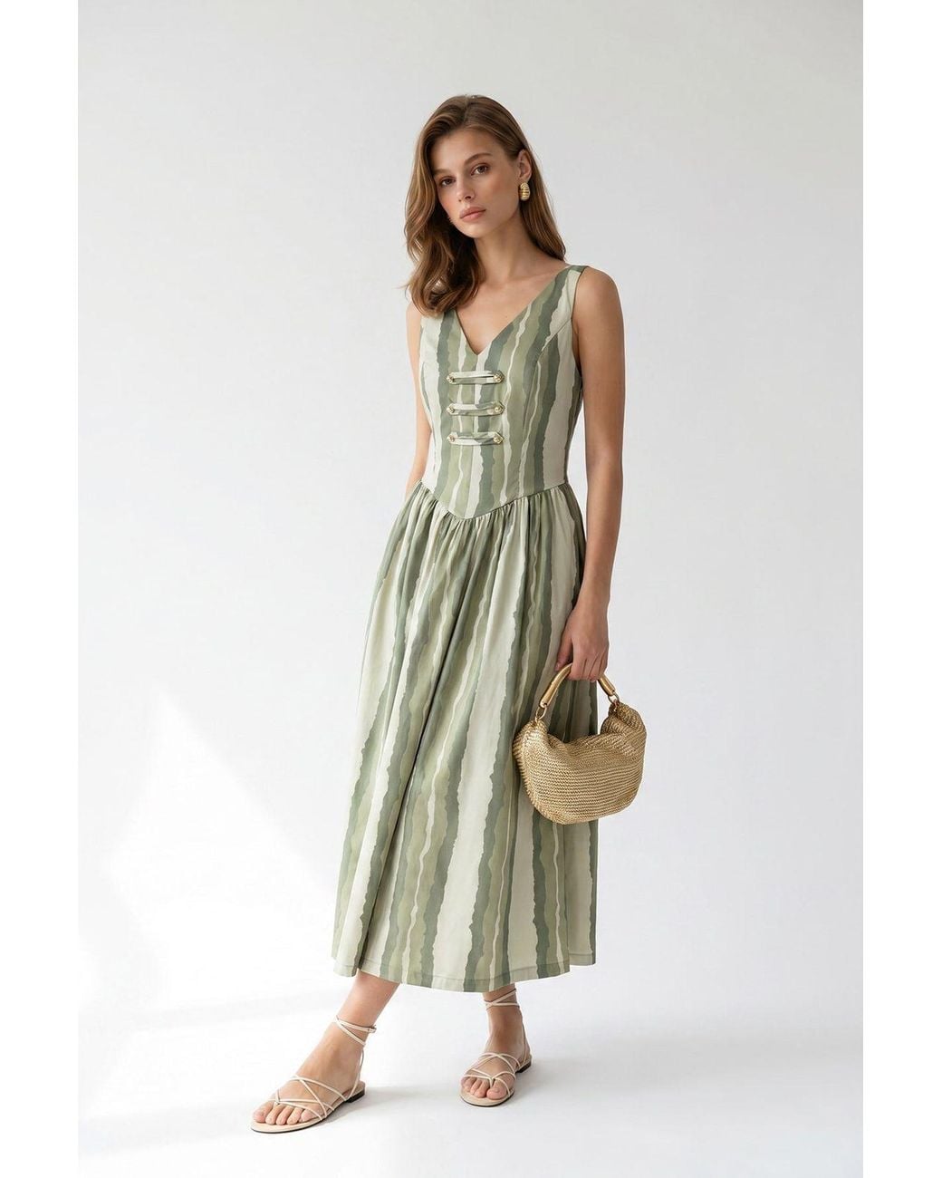 MixRay Green Striped A-Line Midi Dress With Tie Detail