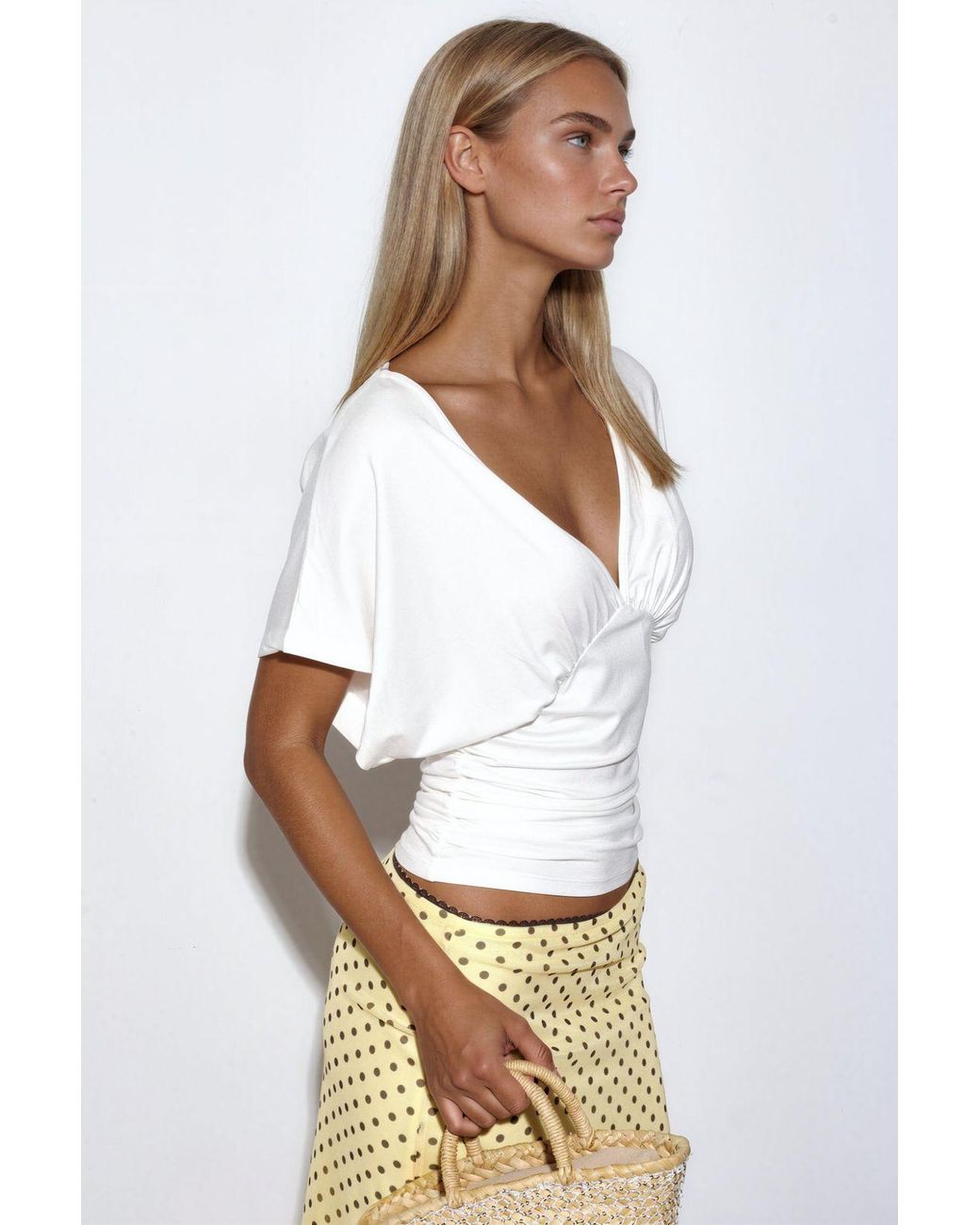 Busem White Slim Fit V-Neck Jersey Blouse