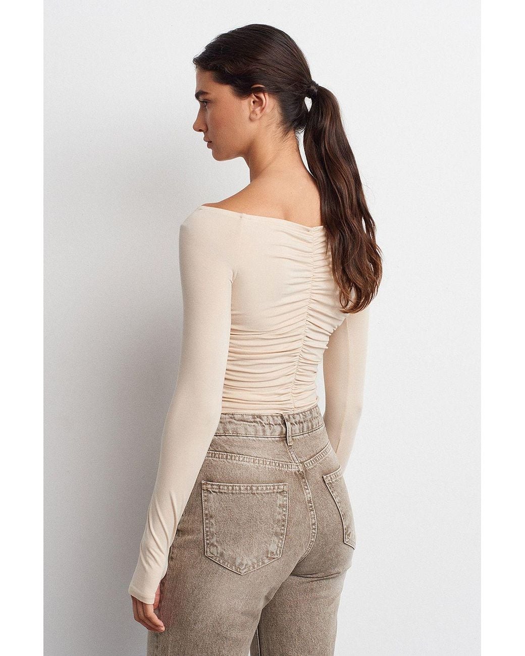 Dilvin Natural Off-Shoulder Crop Top Blouse