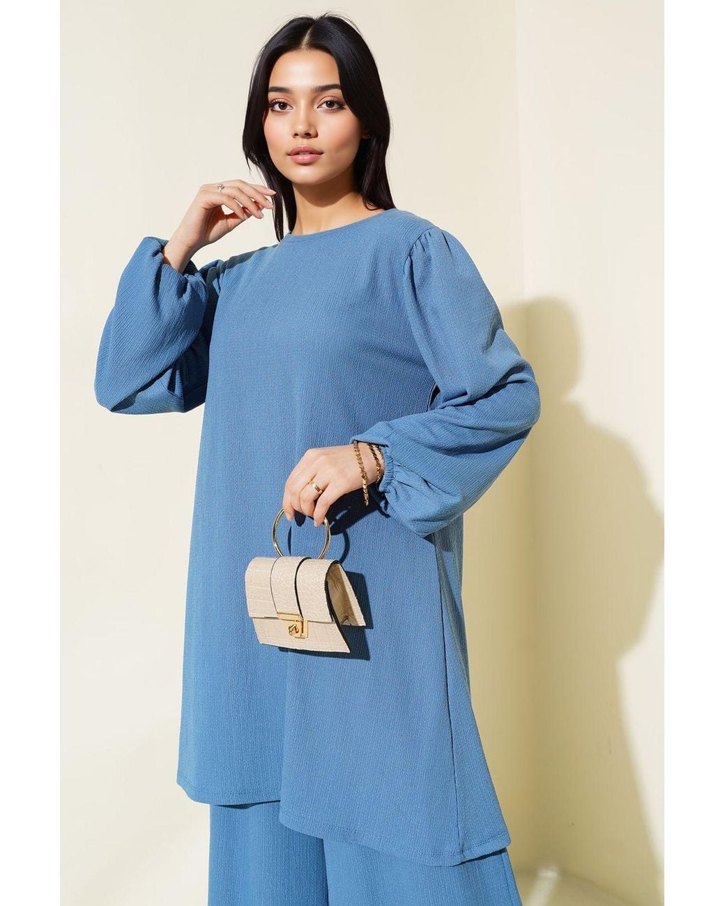 Bigdart Blue Textured Long Sleeve Tunic And Wide Leg Pants Set