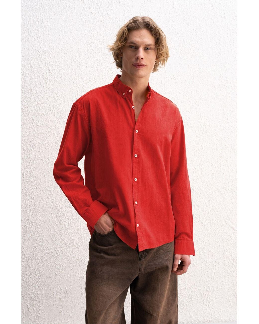 Giesto Red Cotton Oversized Button-Up Shirt for men