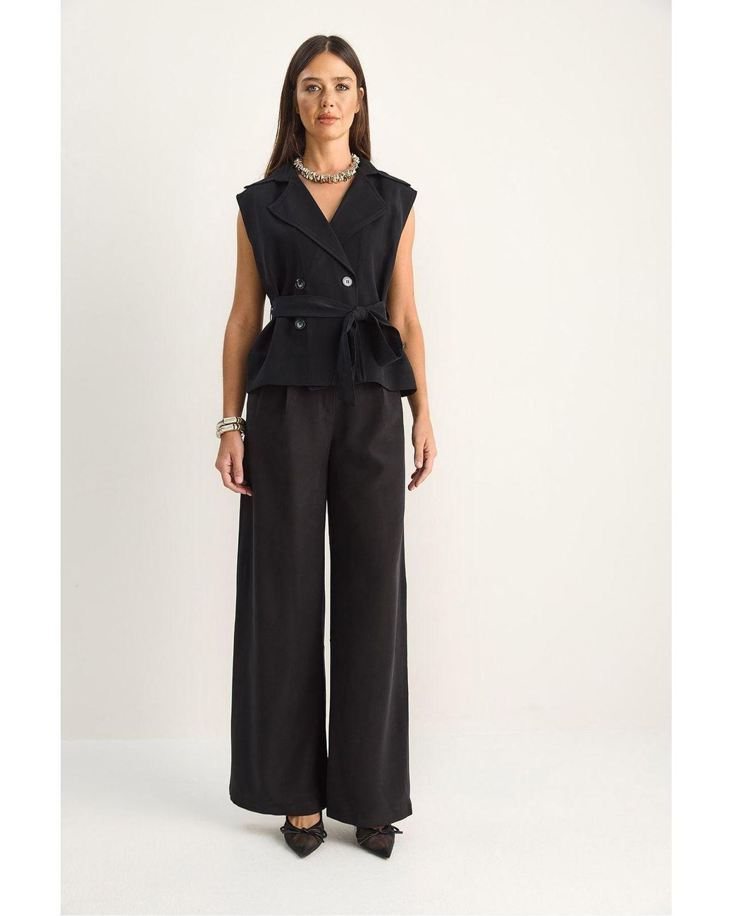 Bianco Lucci Black High Waist Wide Leg Co-Ord Set With Shawl Collar