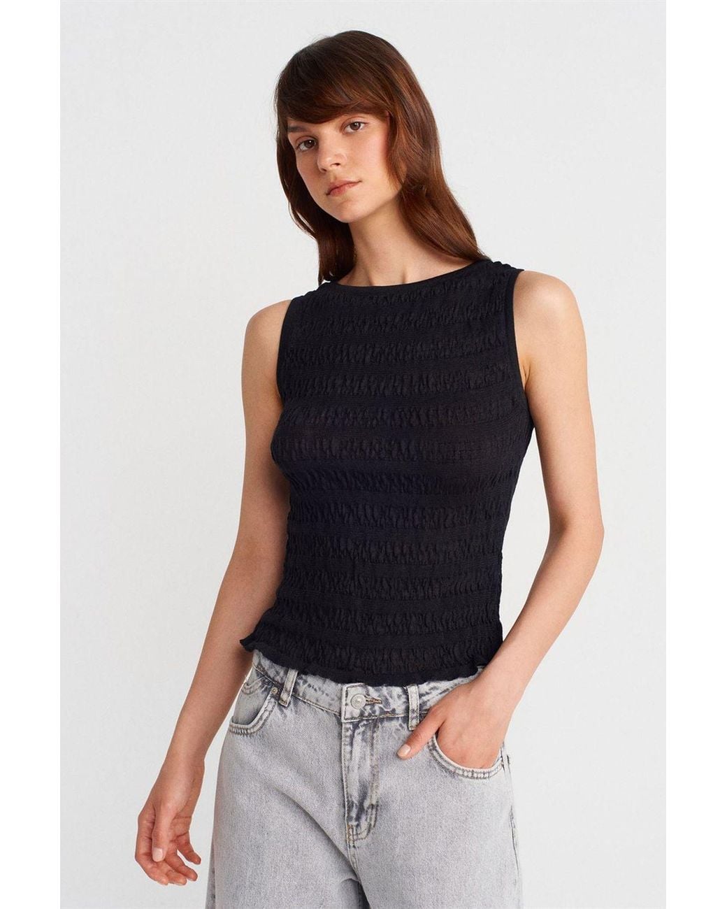 Dilvin Blue Fitted Ribbed Sleeveless Boat Neck Blouse