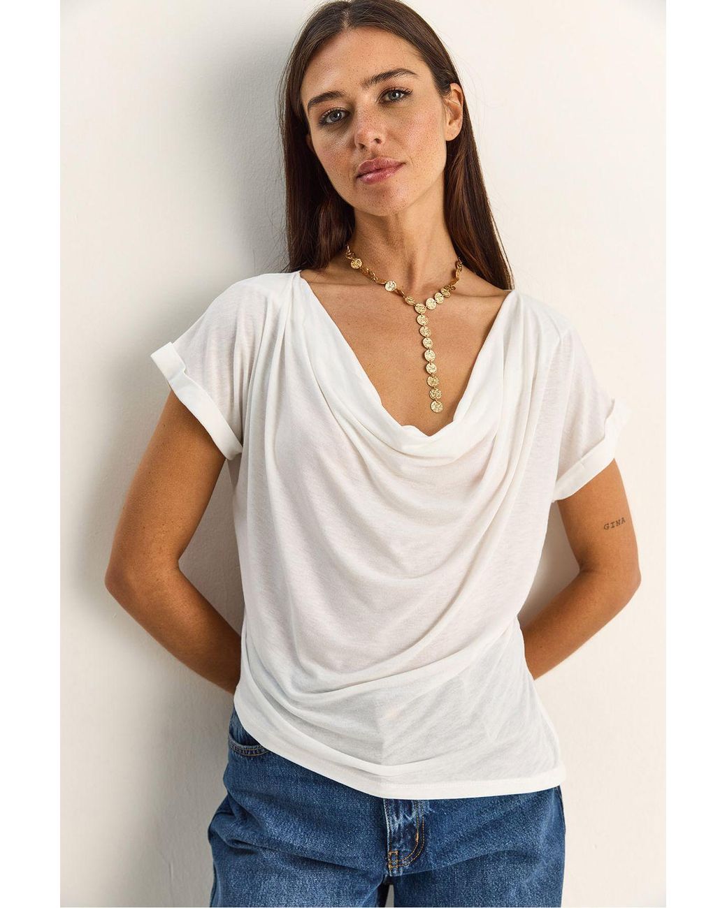 Bianco Lucci White Cowl Neck Drape Blouse