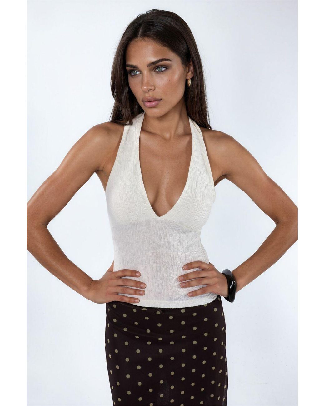 Busem White Fitted Halter Crop Blouse With Cut-Out Detail