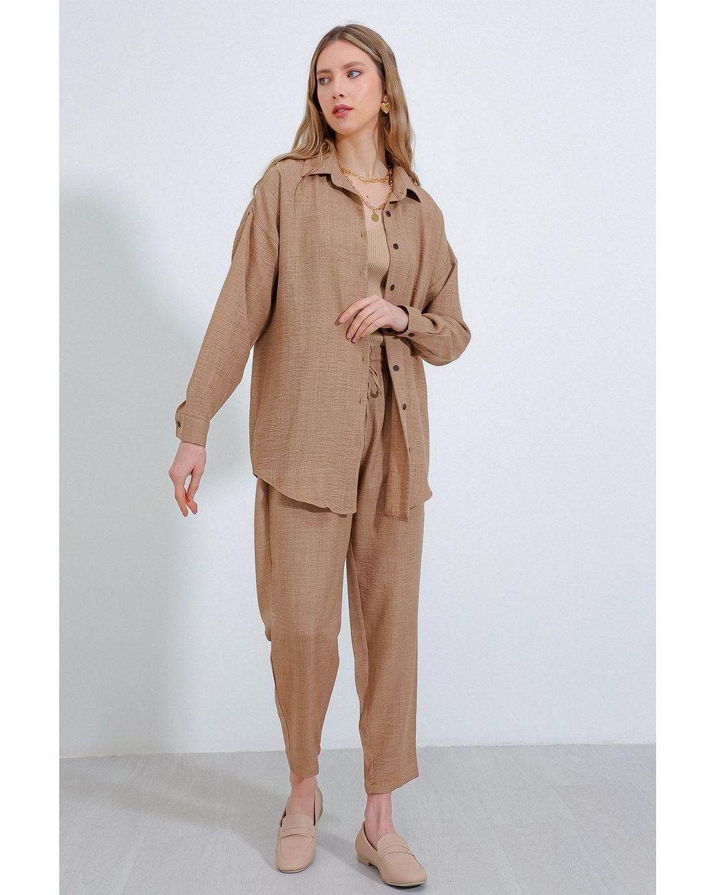 Bigdart Brown Linen Blend Long Sleeve Shirt And Pants Co-Ord Set