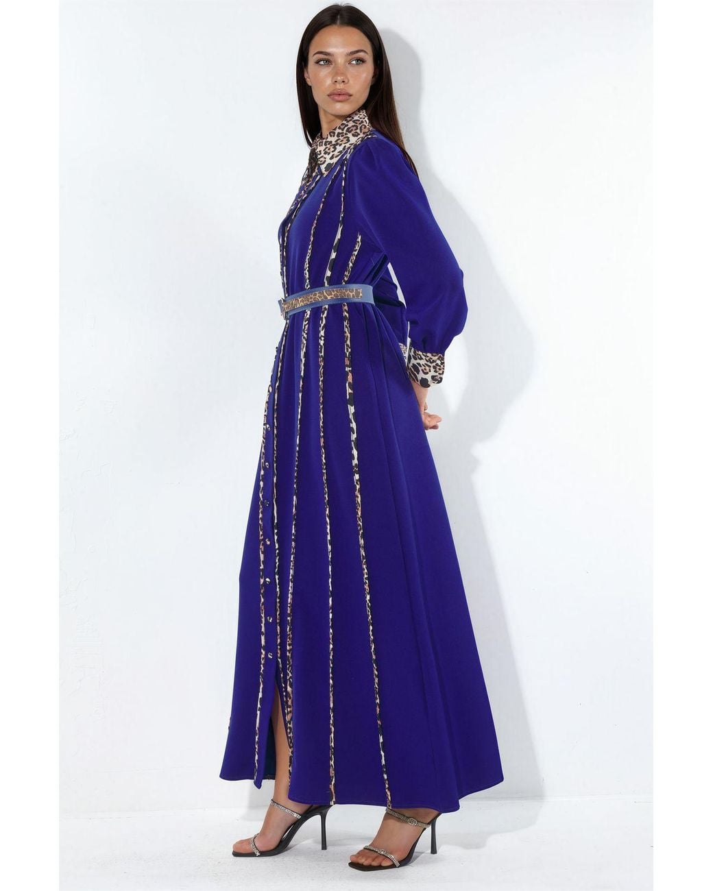 Msn-Collection Blue Leopard Print Maxi Shirt Dress
