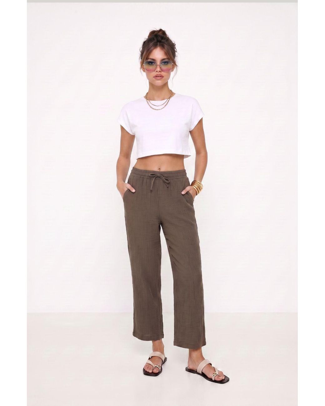 Happiness İstanbul Multicolor Wide Leg Drawstring Waist Pants With Binding Detail