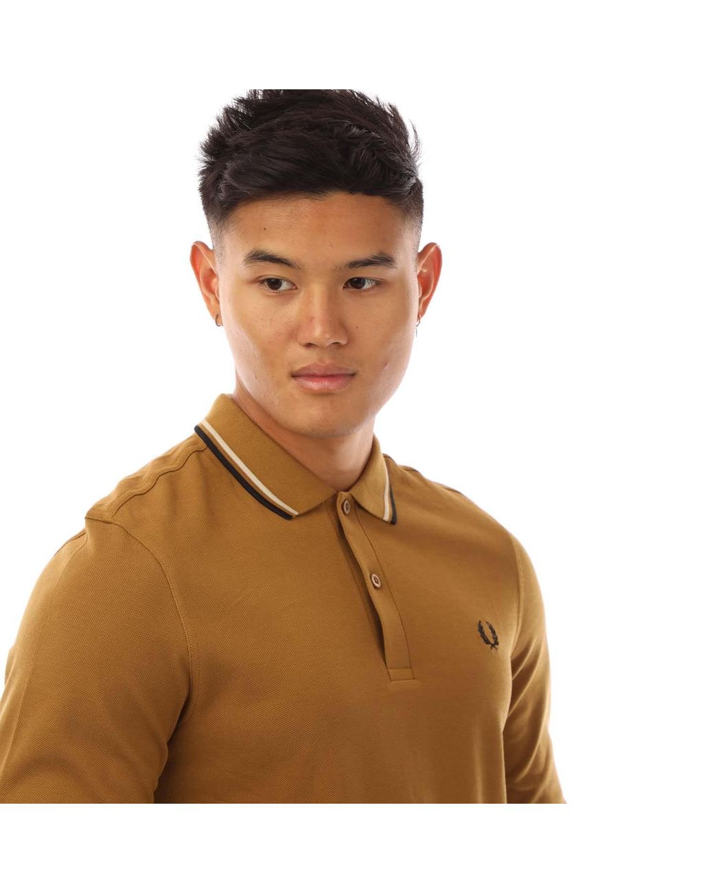 Fred Perry Brown Long Sleeve Twin Tipped Polo Shirt for men