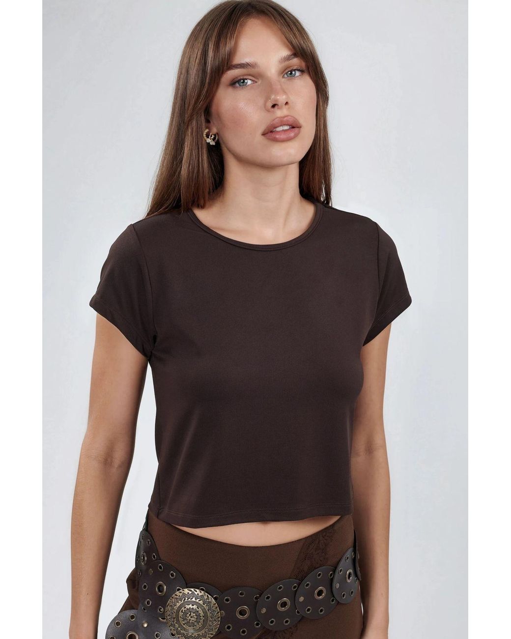 Busem Brown Slim Fit Crop Jersey Top