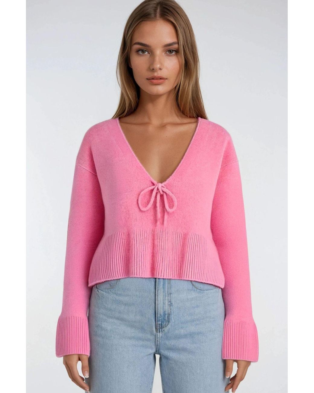 MixRay Red Tie Detailed Ruffled V-Neck Knit Sweater