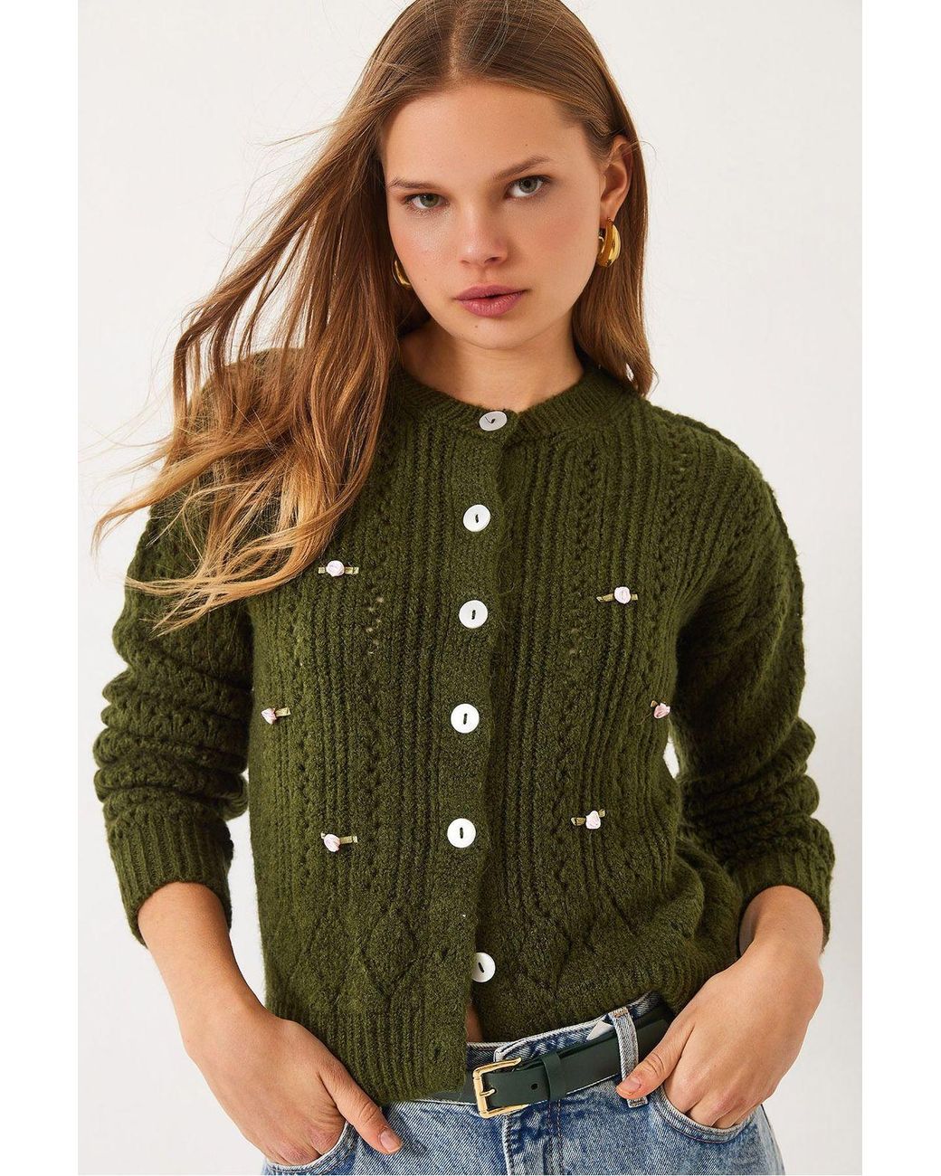 Bianco Lucci Green Textured Knitwear Cardigan With Button Closure