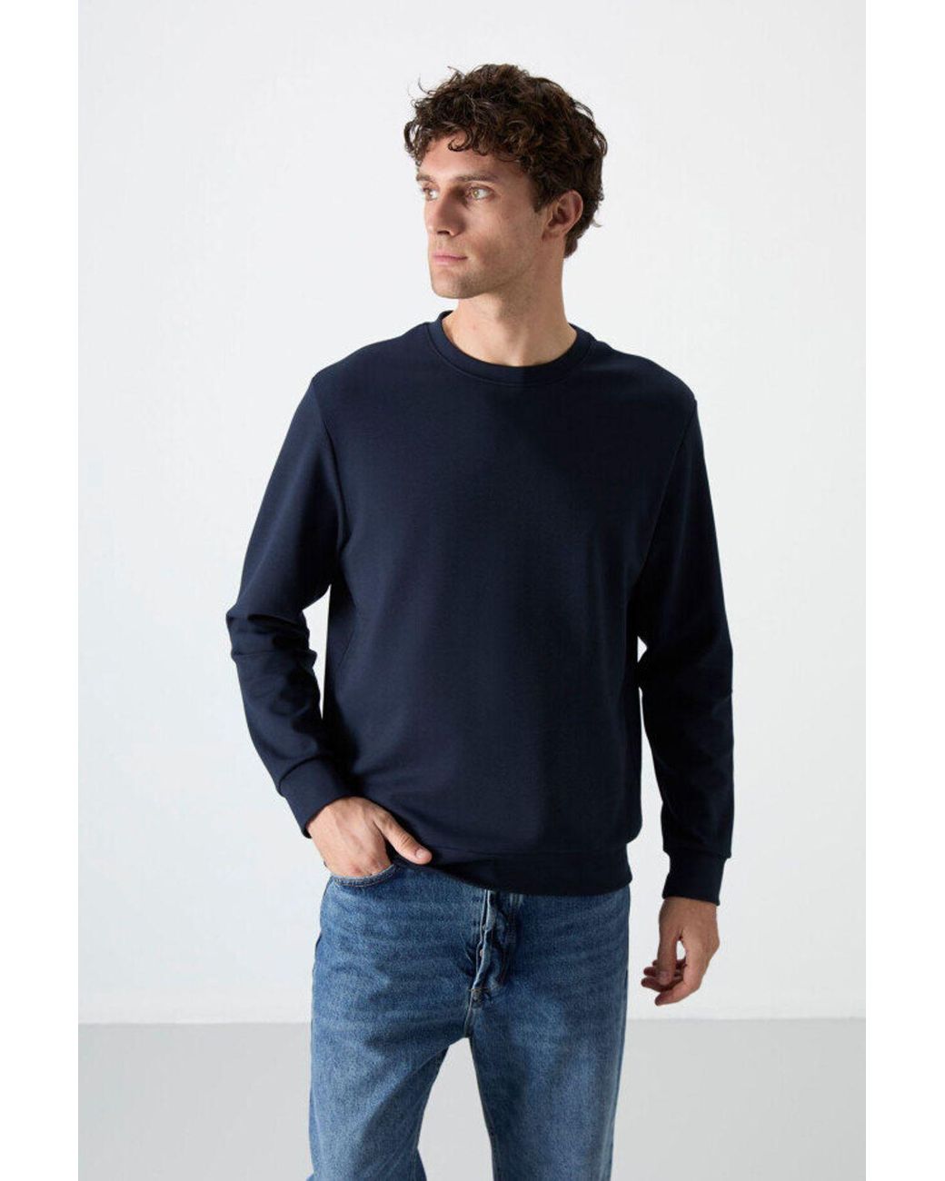 TOMMY LIFE Blue Plain Crew Neck Sweatshirt for men
