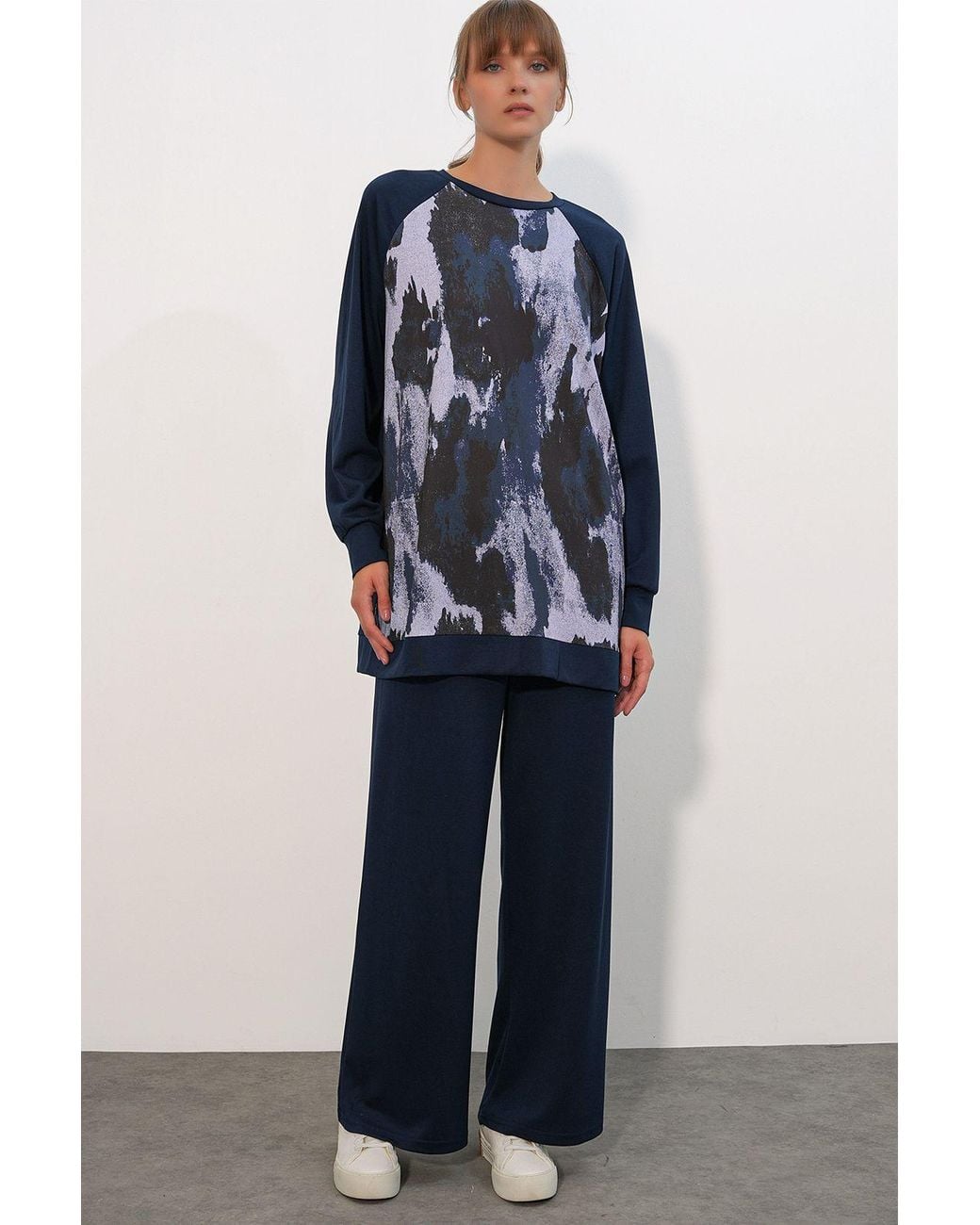 Bigdart Blue Oversize Abstract Print Crew Neck Tunic & Pants Set