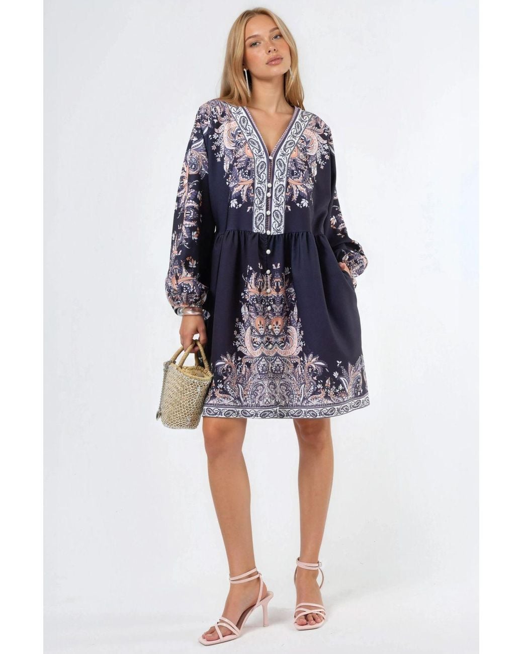 Msn-Collection Blue Belted Mini Dress With V-Neck