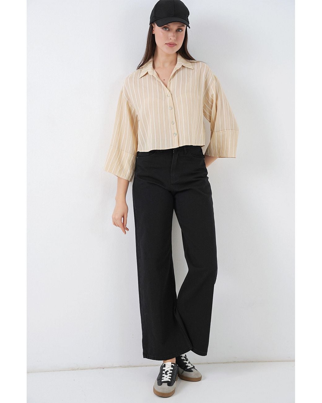 Bigdart Natural Oversized Striped Cropped Shirt With Button Closure