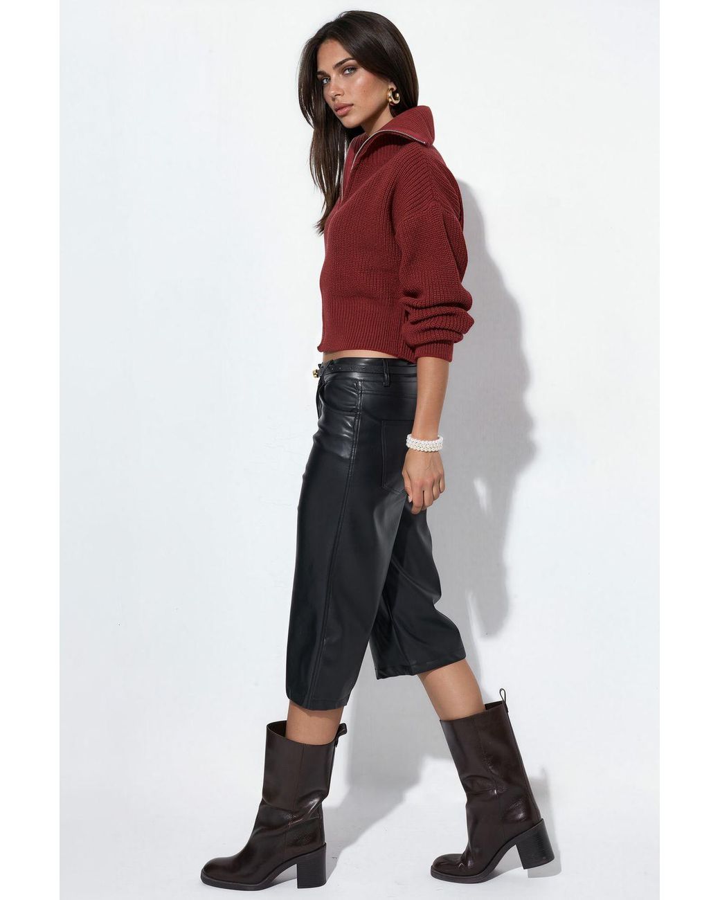 Viorna Red Cropped Ribbed Zip Cardigan
