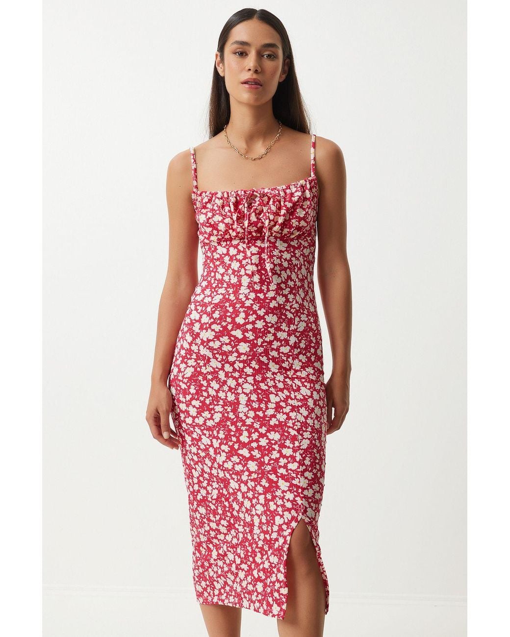 Happiness İstanbul Pink Floral Ribbed Bodycon Midi Dress With Slit