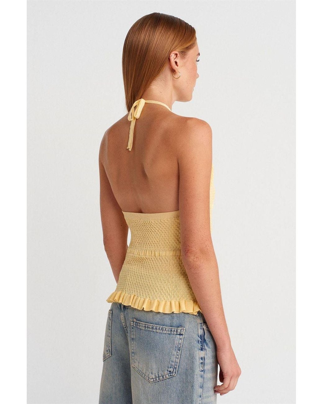 Dilvin Blue Slim Fit Halter-Neck Knit Blouse