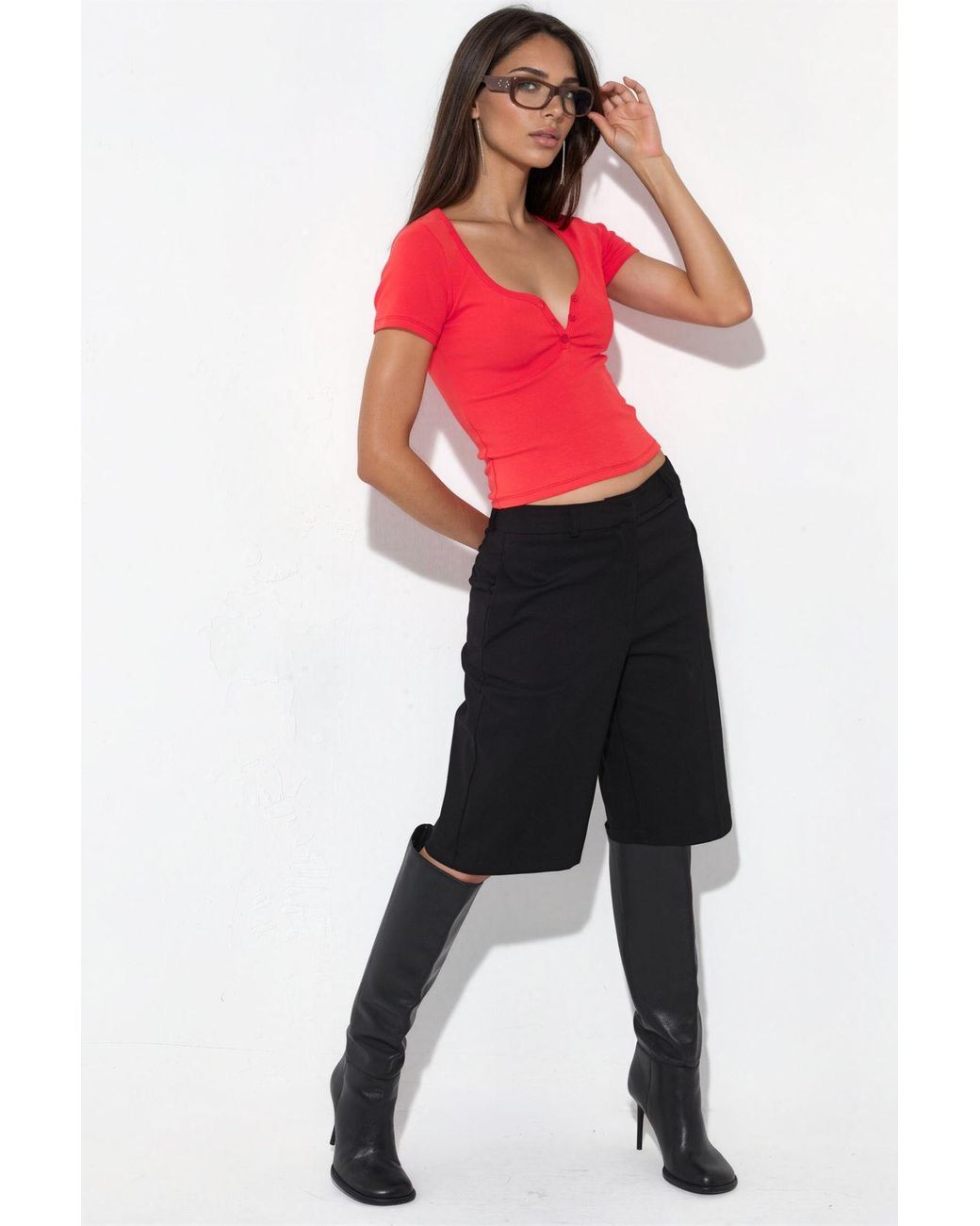Busem Red V-Neck Short Sleeve Knitted Blouse With Button Closure