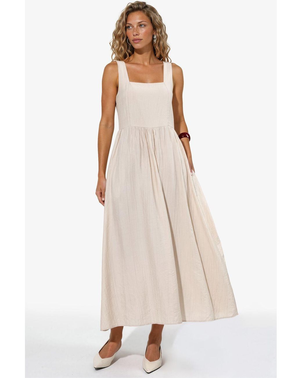 Busem Natural Solid Midi Dress With Square Collar