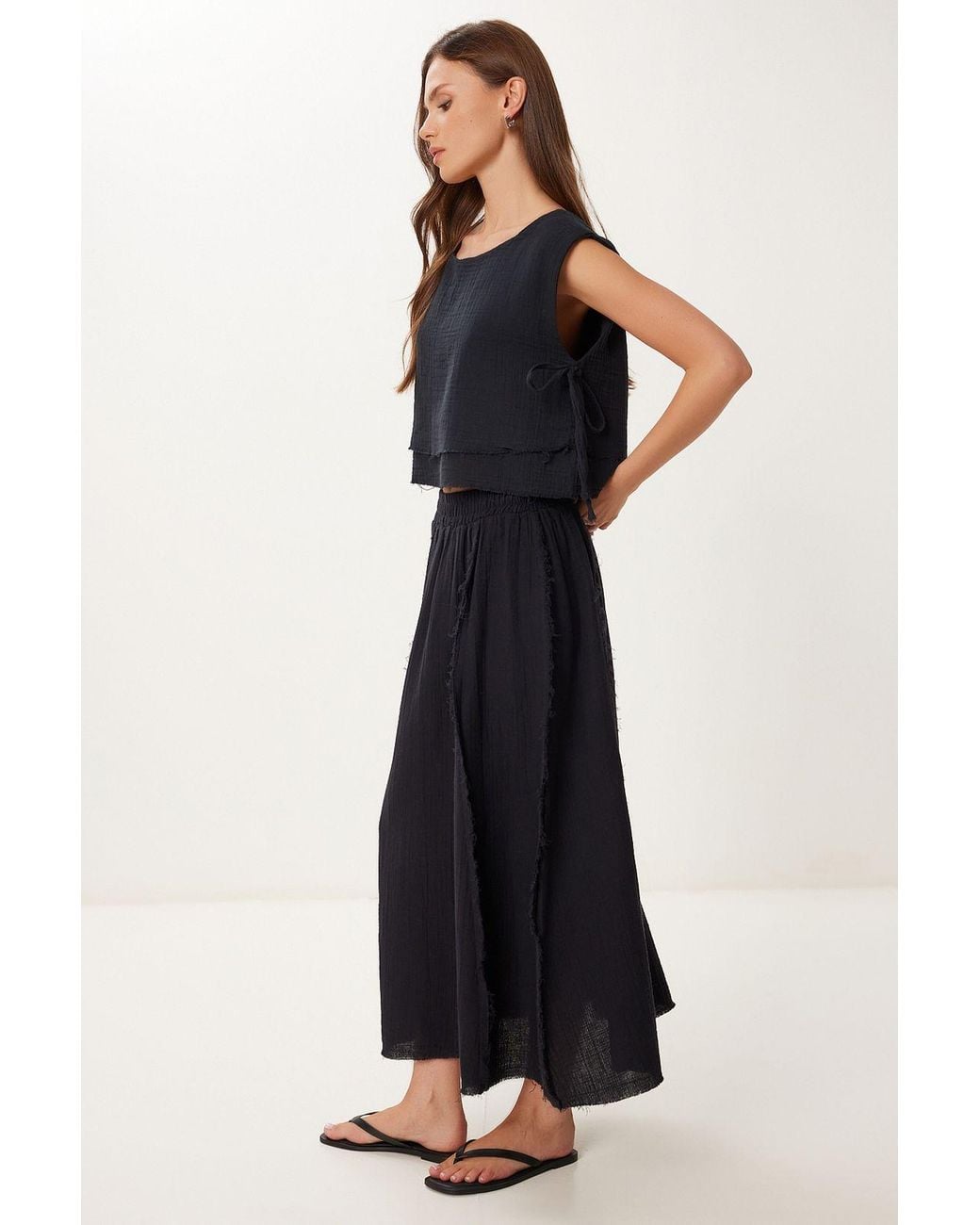 Happiness İstanbul Black Cotton Sleeveless Blouse And Wide-Leg Skirt Set