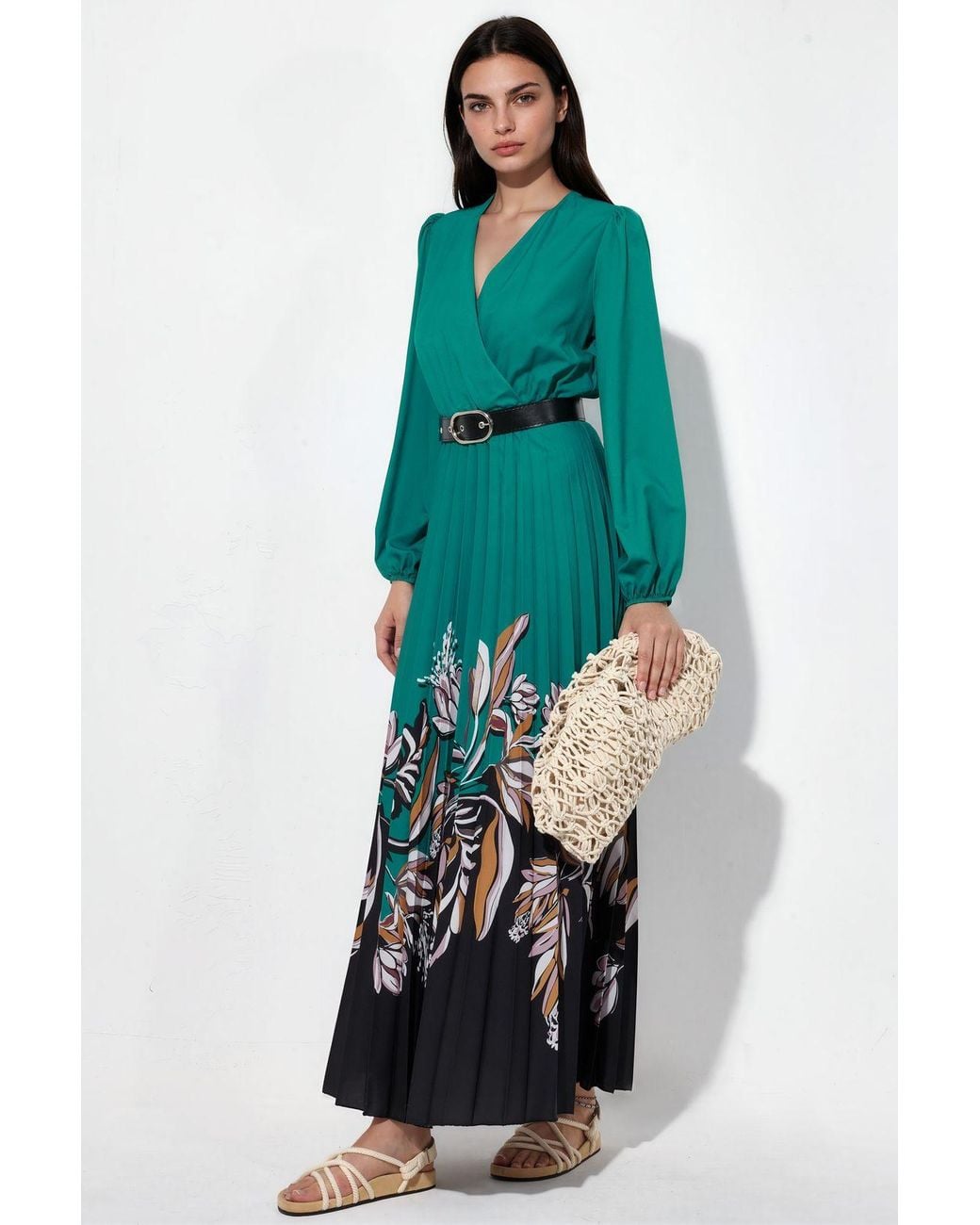 Msn-Collection Green Floral Midi Dress With Belt