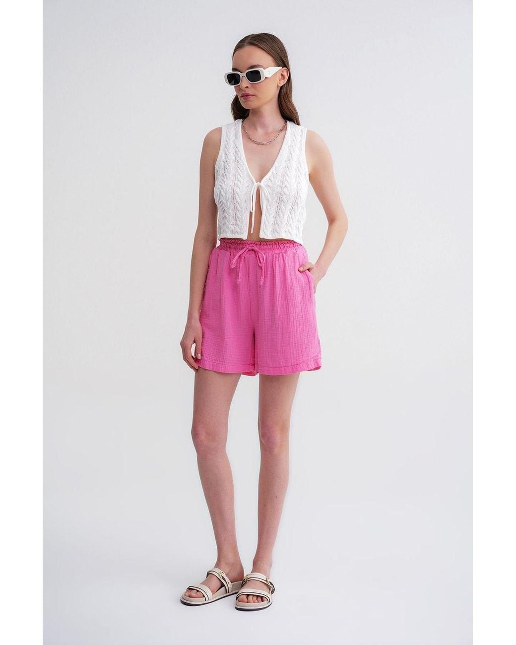 MixRay Pink High-Waist Textured Wide-Leg Shorts