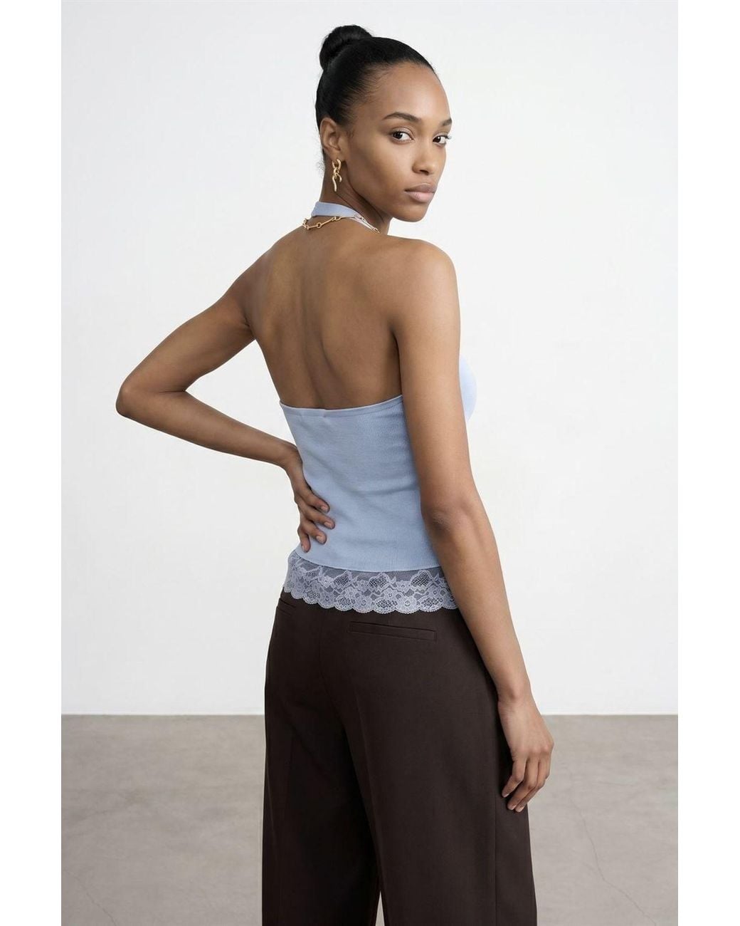 Dilvin Blue Sleeveless Ribbed Halterneck Blouse