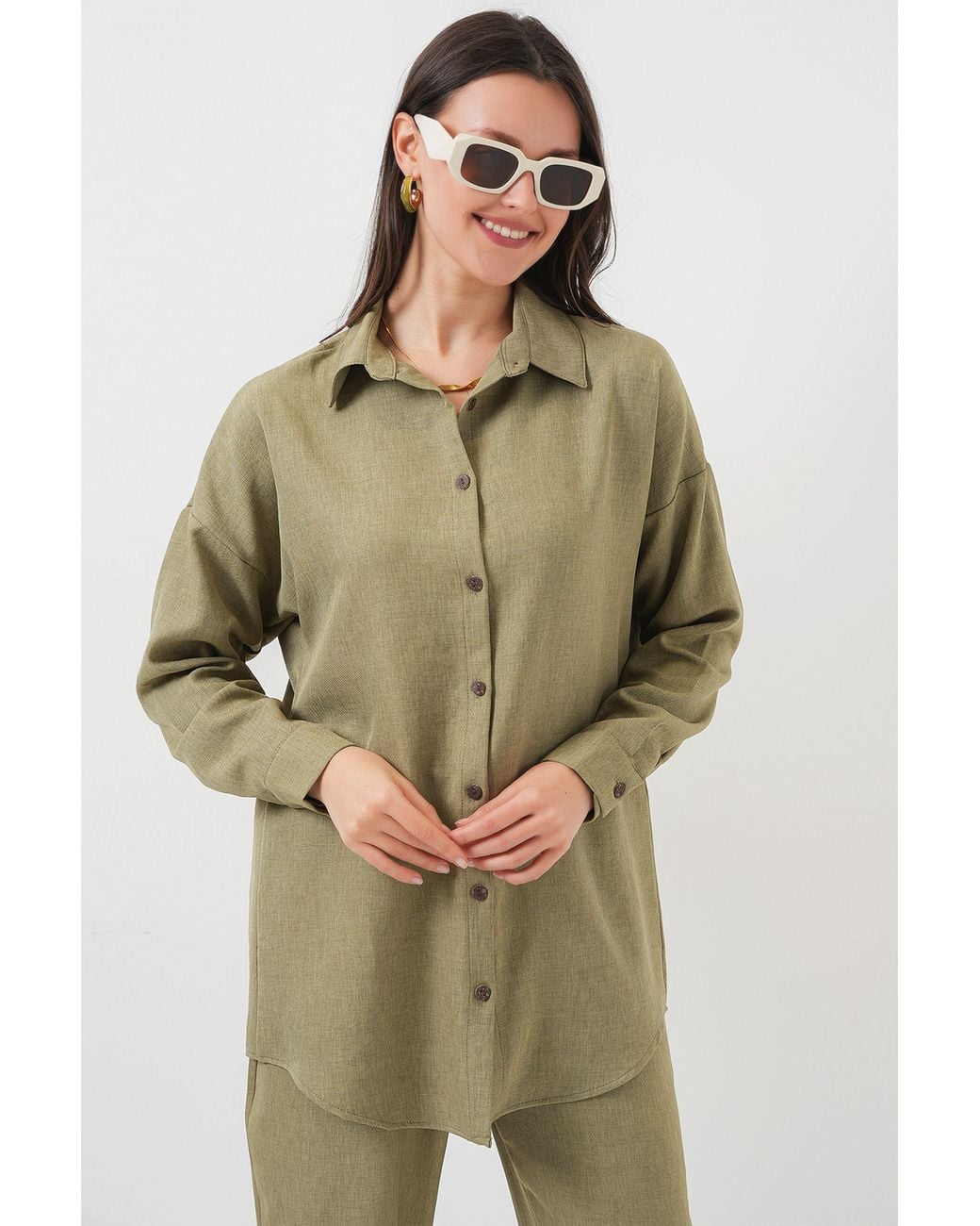 Bigdart Green Linen Blend Long Sleeve Shirt And Pants Co-Ord Set
