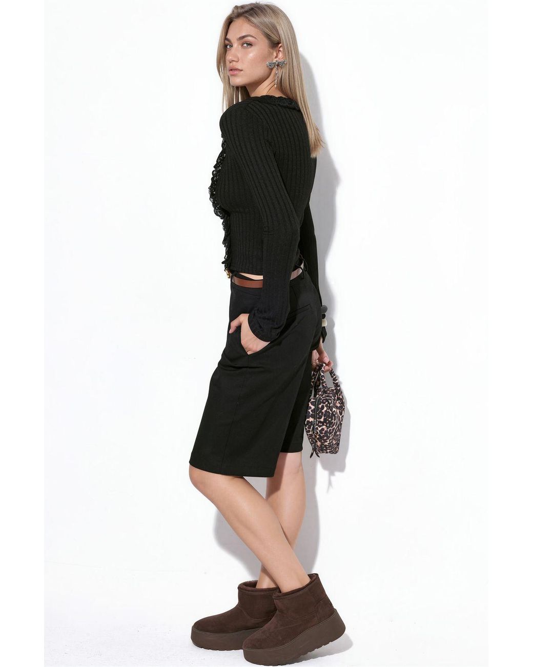 Busem Black Fitted Ribbed Crop Cardigan