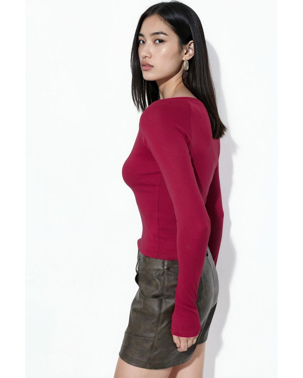 Busem Red V-Neck Long Sleeve Fitted Blouse