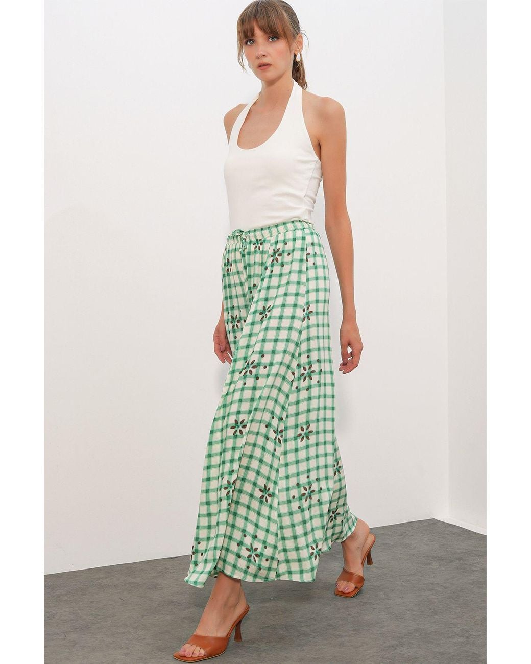 Bigdart Green High-Waist Plaid Maxi Skirt