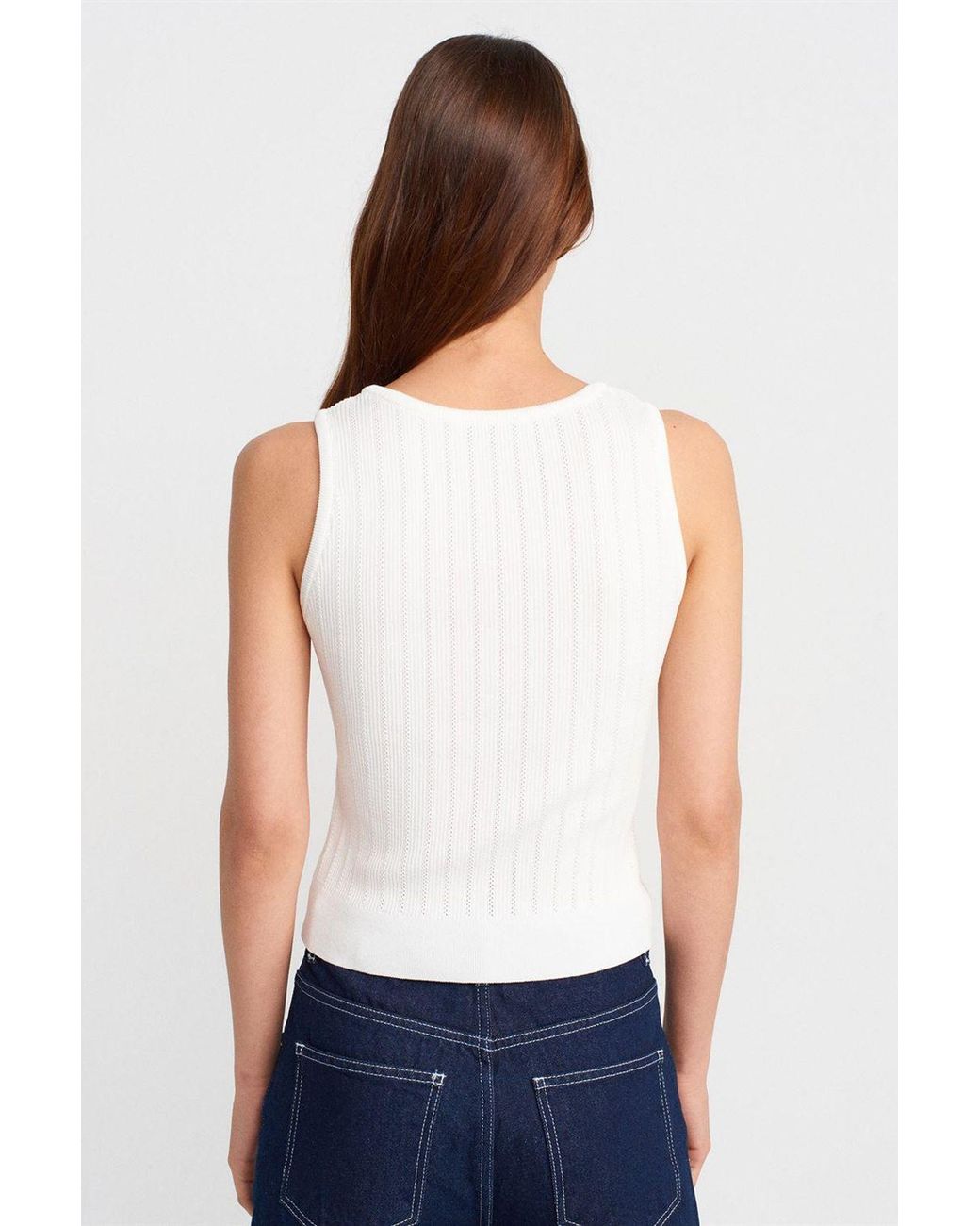 Dilvin White Ribbed Sleeveless Slim-Fit Blouse