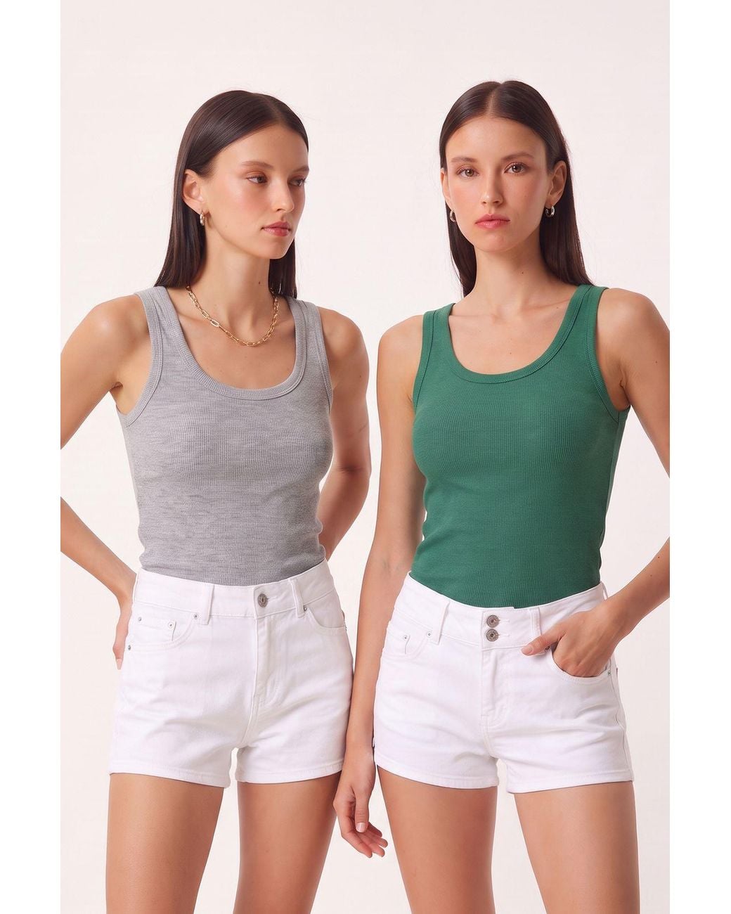 Happiness İstanbul Multicolor Fitted U Collar Knitted 2- Pack Tank Top