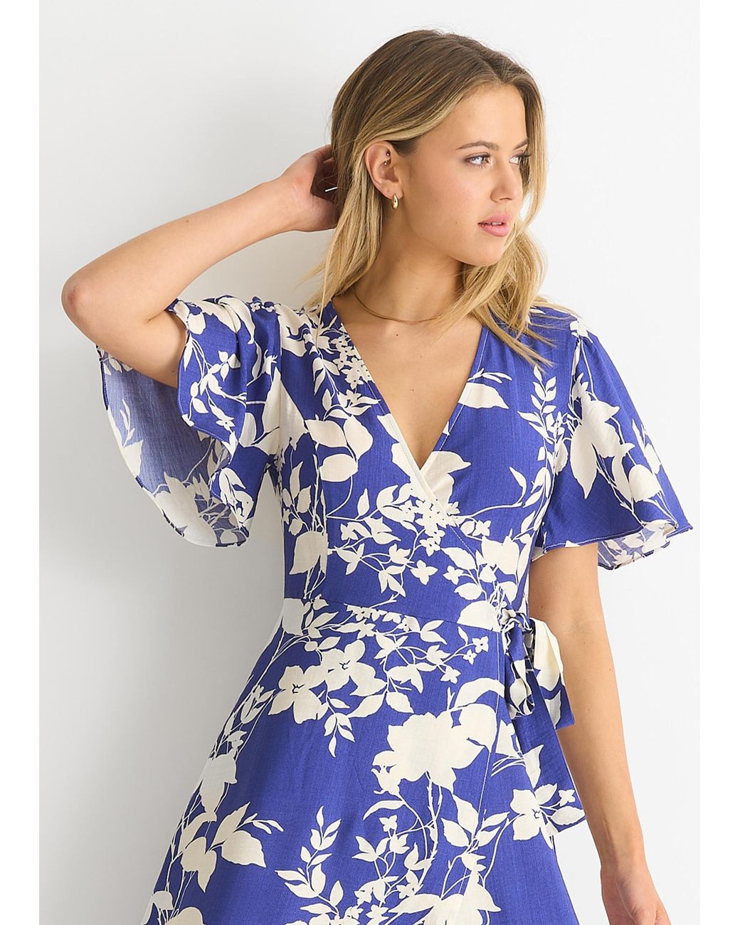 Gini London Blue Viscose Floral Wrap Midi Dress