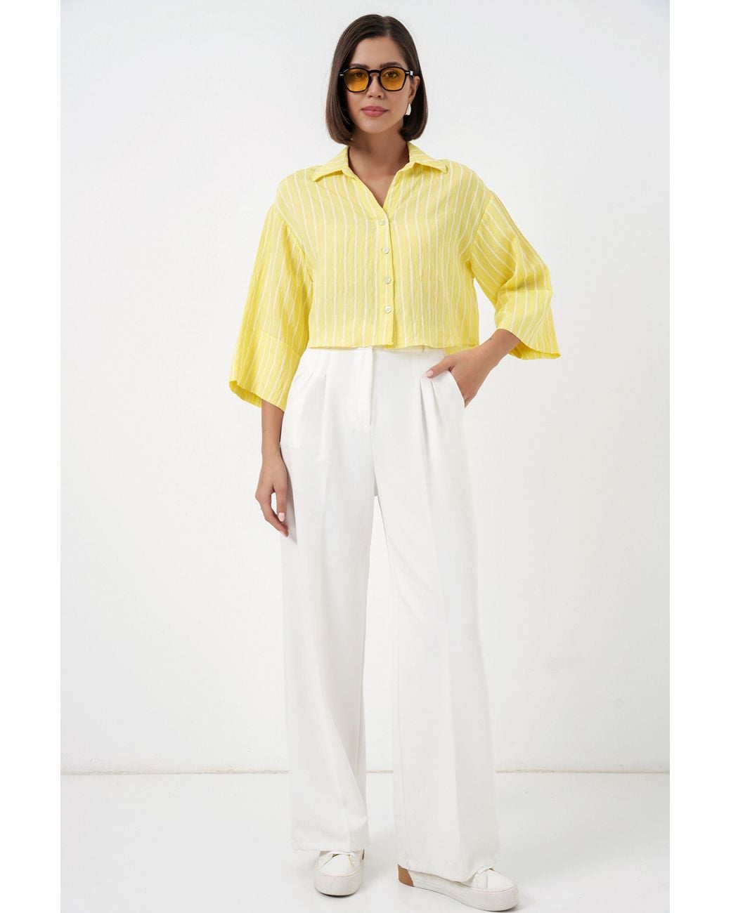 Bigdart Yellow Oversized Striped Cropped Shirt With Button Closure