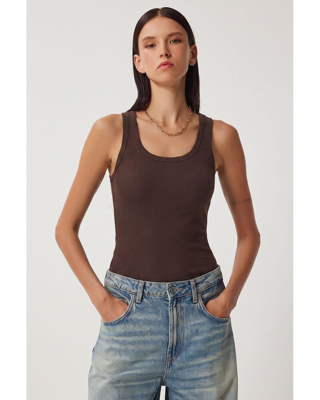 Happiness İstanbul Brown Fitted U Collar Knitted 2- Pack Tank Top
