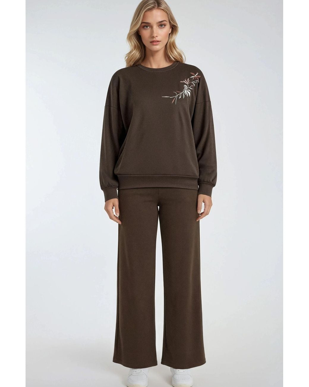 Hiccup Brown Embroidered Crew Neck Sweatshirt & Straight Leg Pants Two-Piece Set