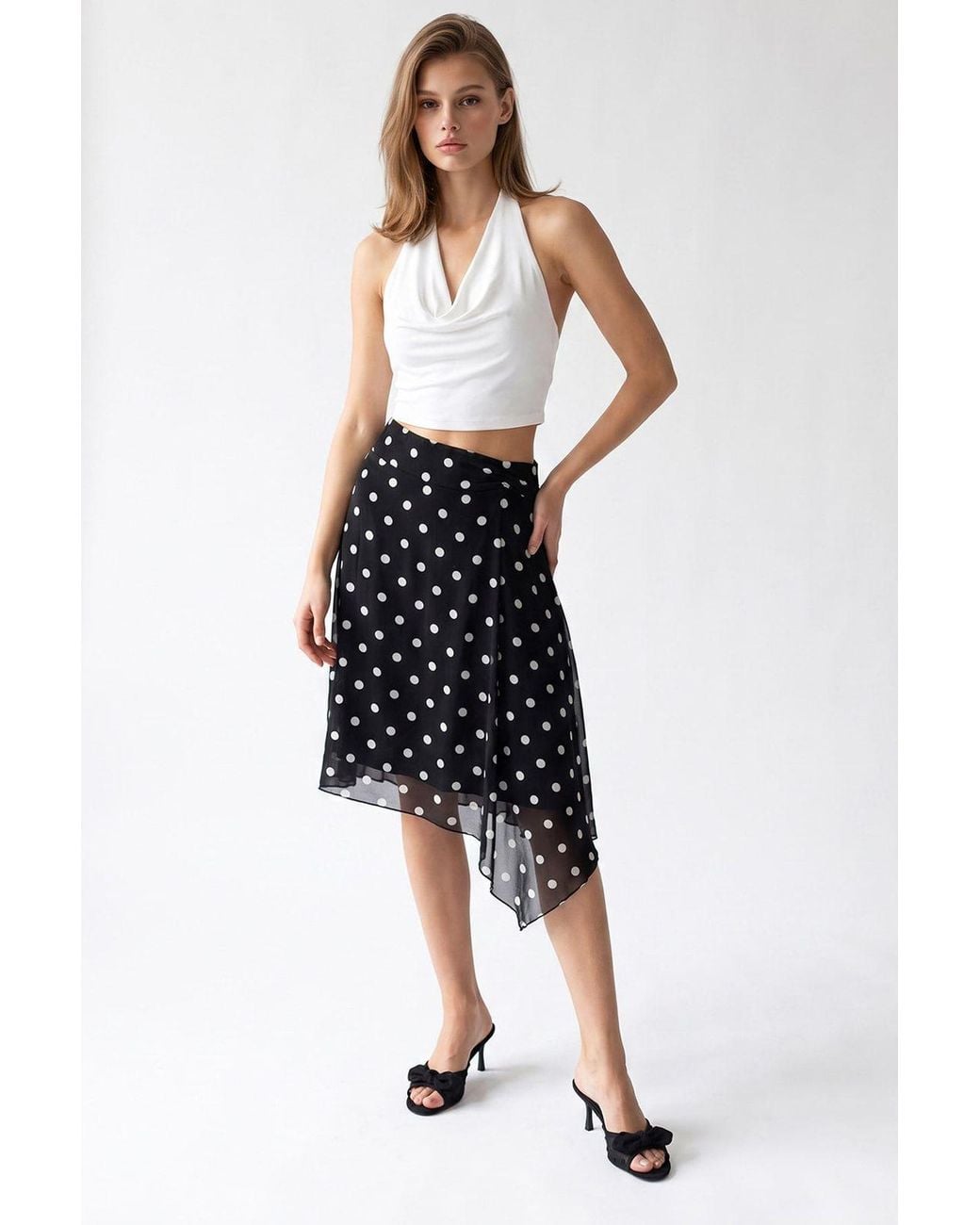 MixRay Black High-Waist Polka Dot Tulle Midi Skirt