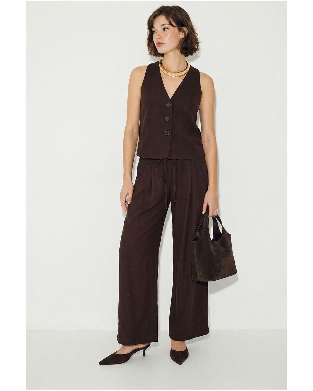 Bianco Lucci Brown Cotton Vest And Wide-Leg Trousers Set